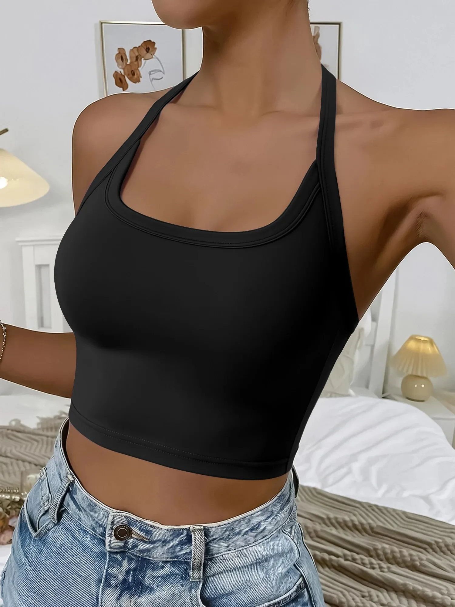 Silhouette Sculpt Halter Neck Crop Cami Rear Cutaway U Front Sling for Concert Events & Night Urban Street Shots — image 4