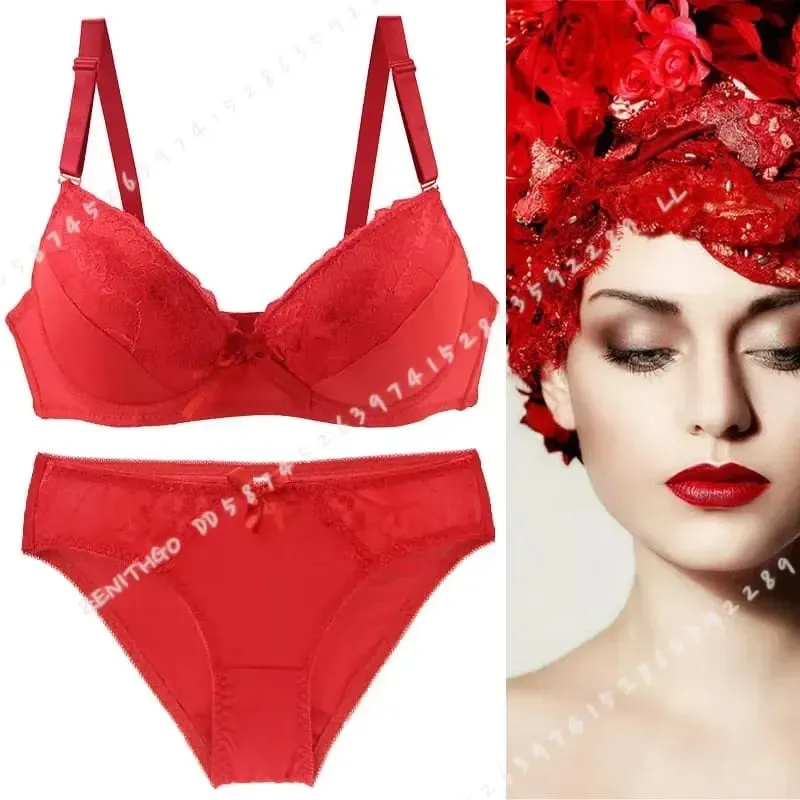 Women Push Up Bra Set Lace Thong Underwear Solid Bow Lingerie Plus Size 70-105 BCDE Cup Female Intimates — image 6