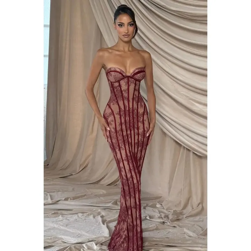 Elegant lace strapless waist cinching long dress with heart-shaped neckline for slimming and formal evening ladies' dress — image 2