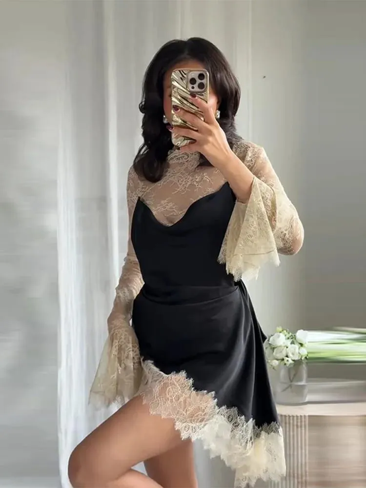 Elegant Satin Blomster Blonde Patchwork Mini Kjole Til Kvinder Uregelmæssig Hem Langærmede Kjoler Dame 2026 Chic Aftenfest Vestidos