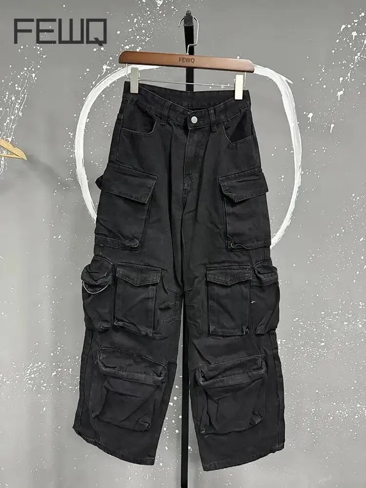 American Style Men Denim Pants Solid Color Multi-pocket Cargo Trousers Straight Wide Leg Loose Male Jeans Menswear 24K3020 — image 2