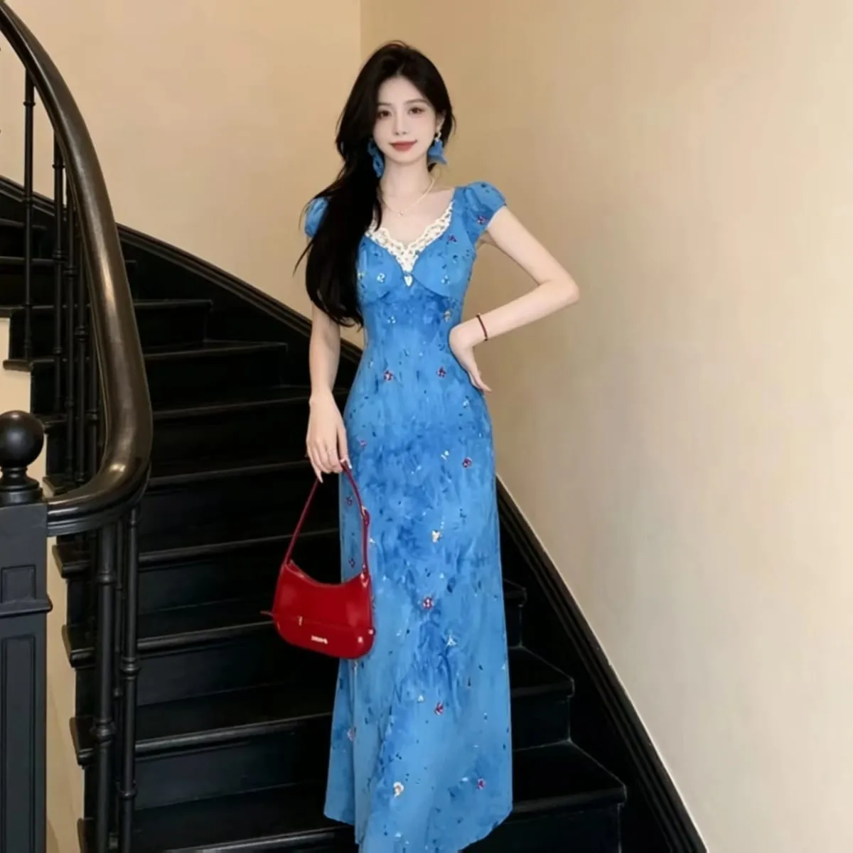Elegant Blue Lace Splice Beach Vacation Style Tea Break Dress High Waist A-Line Skirt Short Sleeve V-Neck Commute Korean Style — image 6