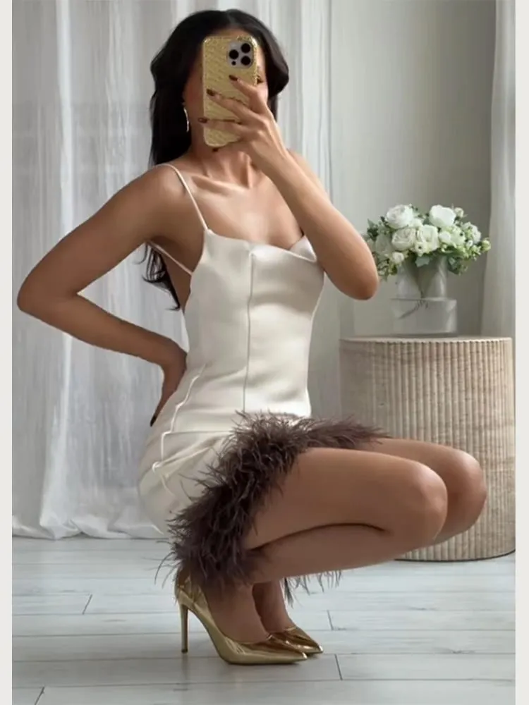 White Faux Fur Trim Cami Bodycon Mini Dress Women Sexy Backless Lace-up Dresses 2026 Lady Elegant Holiday Club Vestidos New