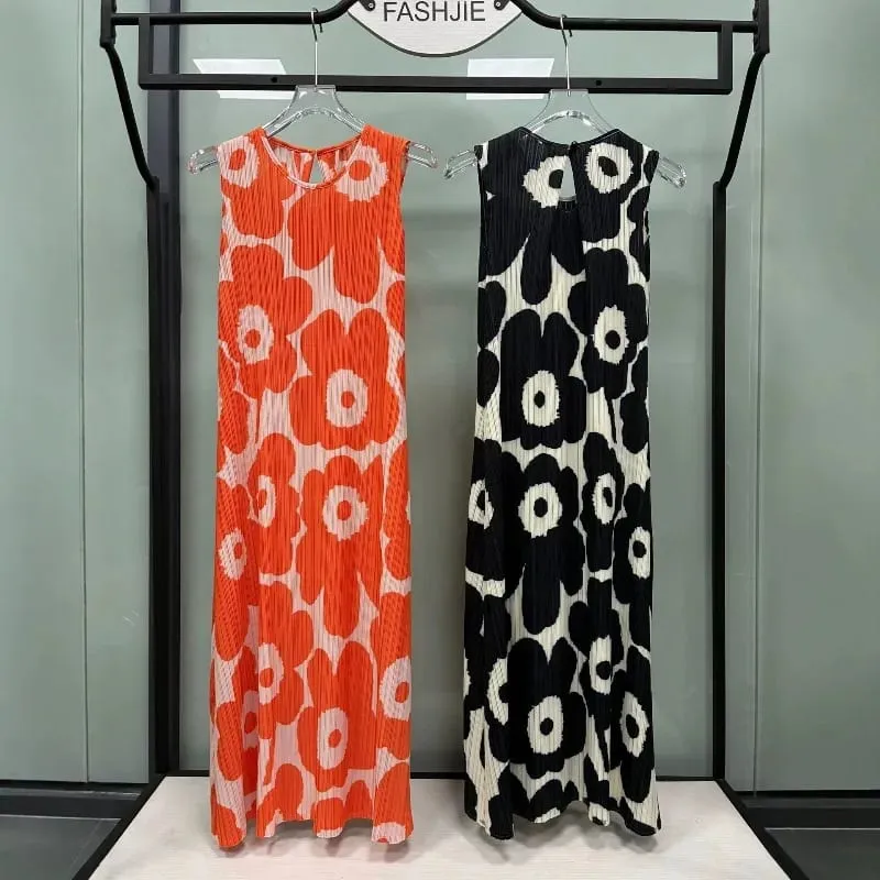 Miyake Pleated Sleeveless Dresses Plisse 2026 Summer New Loose Plus Size Fashion Casual Slimming Pleats Fold Printed Long Dress