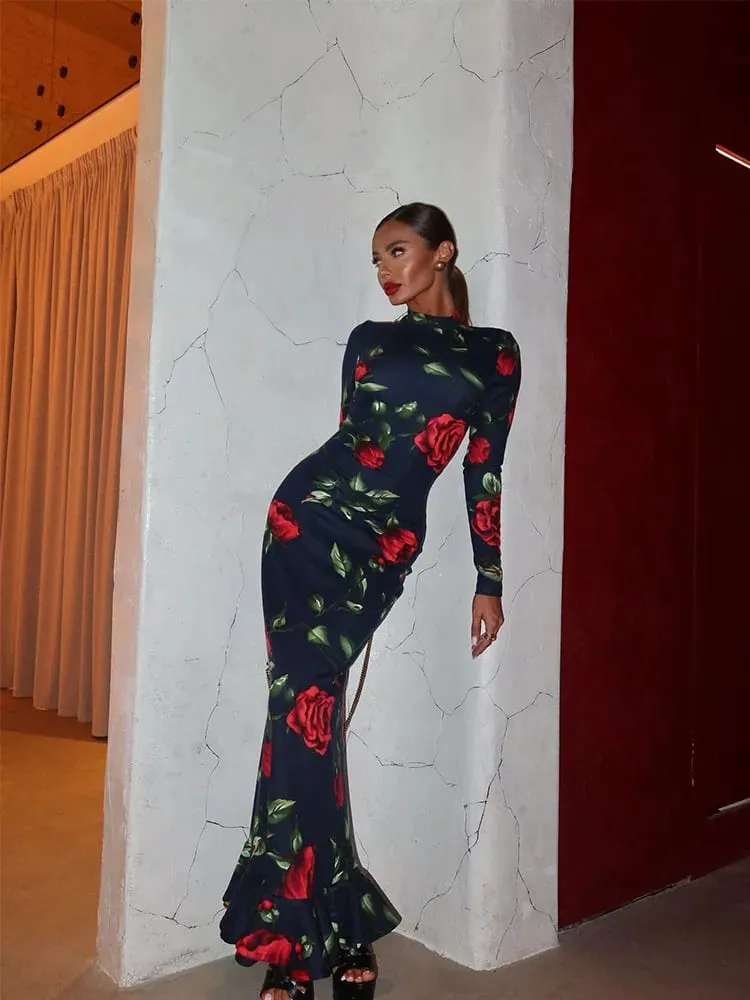 Flower Prints O Neck Women Dresses Sheath Trendy Fashion Elegant Evening Party Outfits Female Bodycon Long Sleeve Robes — image 5