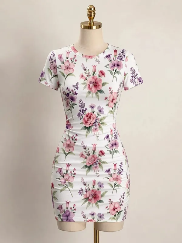 Womens Short Sleeve Bodycon Mini Dress Slim Fit Crew Neck Floral Print Casual Summer Party Cute Comfy Vacation Vacation Sundress — image 13