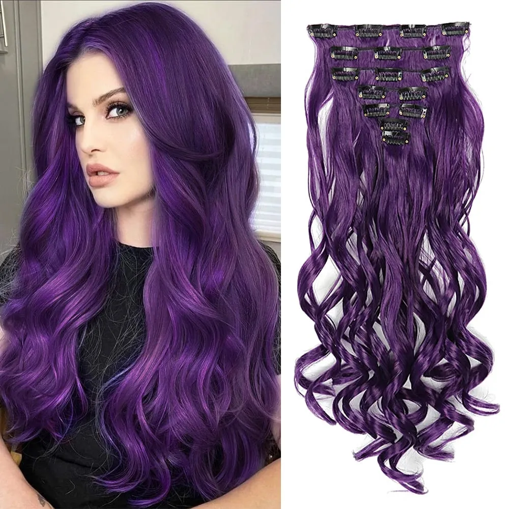 Synthetic Clip in Hair Extensions Purple hairpieces 7pcs/set 22inch Thick Hair for Women Girls Daily Party Cosplay — image 16