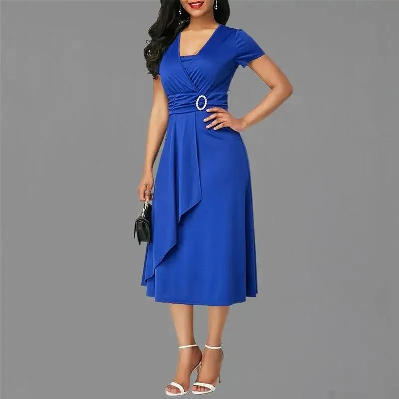 We.Fine Dress Women Solid Color Short Sleeve V Neck Asymmetric Hem Waist Midi Party Dress Elastic Female Dresses Woman Vestidos