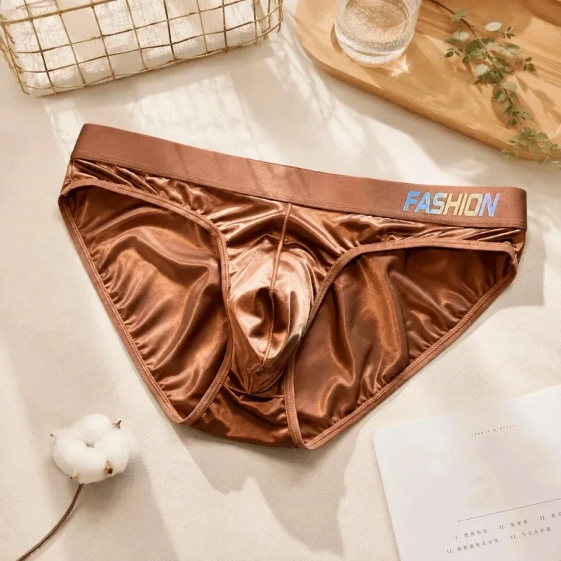 Underwear Men's Triangle Panties Low Waist Ultra Smooth Satin Silky Briefs Lingerie Gradient Letter Glossy Underpants Large Size — image 4