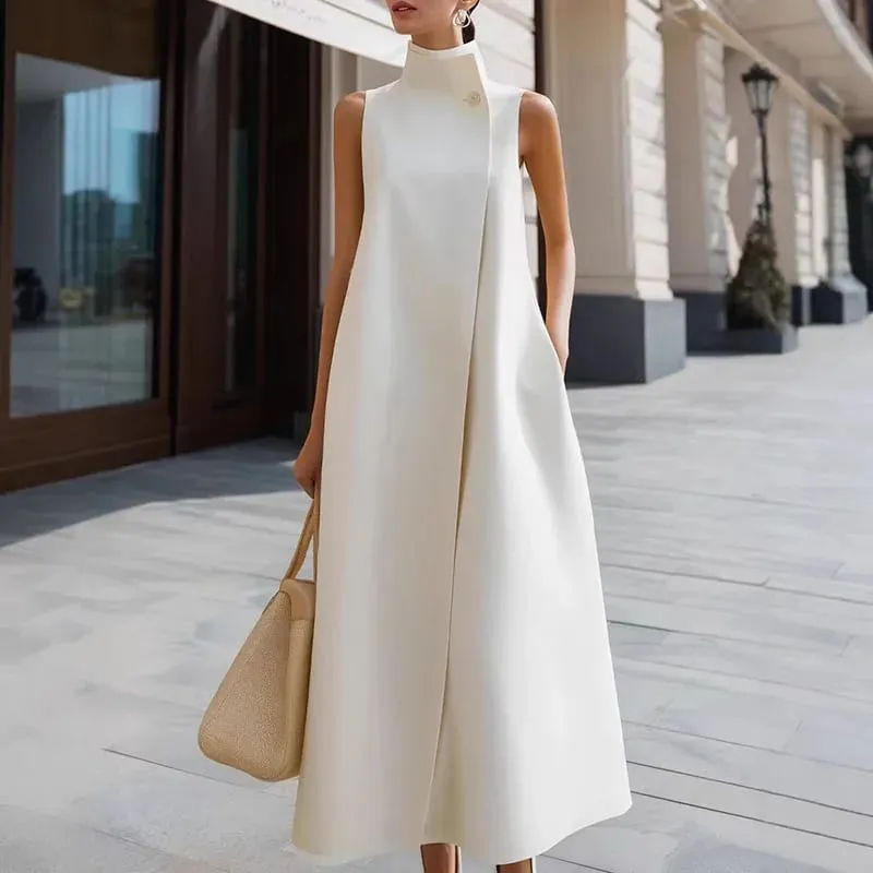 Simple Fashion Single Button High Neck Maxi Dress Women Spring Solid Pocket A-Line Long Dress Summer Sleeveless Bohemian Dresses