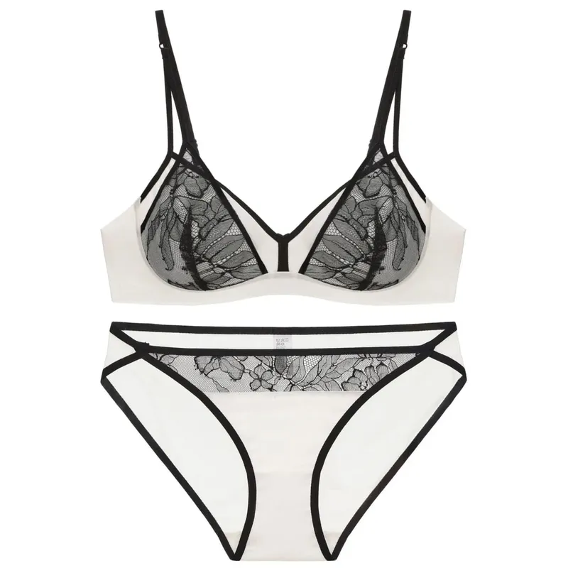 Women's Style Sexy Lingerie Set Thin Contrast Lace Patchwork Push-Up Wireless Bra with Double Shoulder Straps for Small Bust