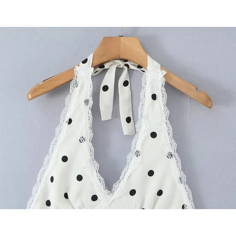 Abito con scollo all'americana a pois con spalline in pizzo Donna Elegante abito a trapezio Mini abiti sexy senza schienale Abito estivo 2025 — image 4