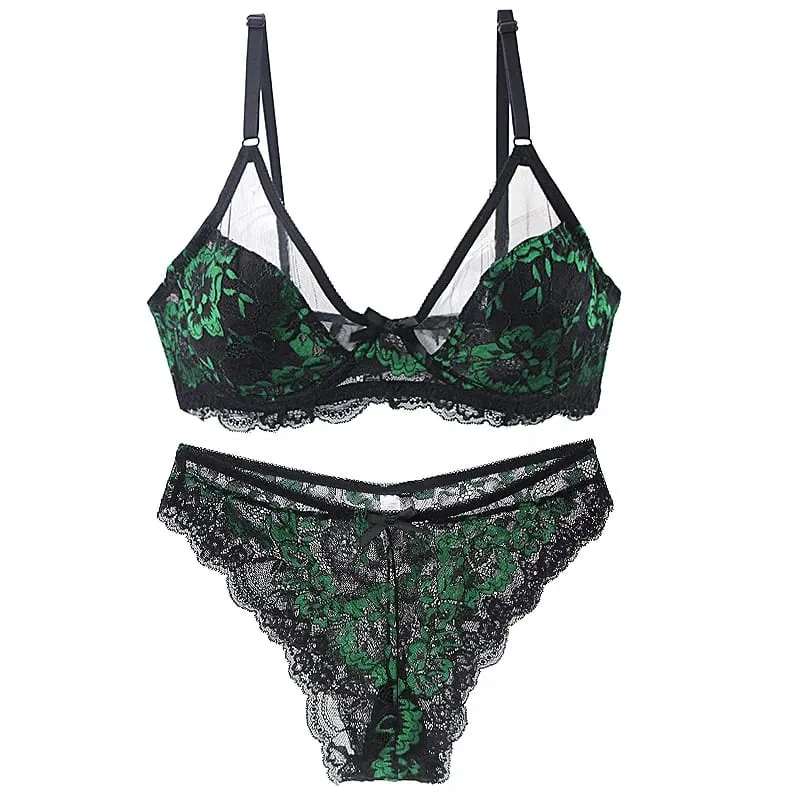 Ultra-Thin Thick Bra Sets 34/75 36/80 38/85 40/90 42/95 44/100 46/105 BCDE Cup Underwear Transparent Embroidery Lace Lingerie