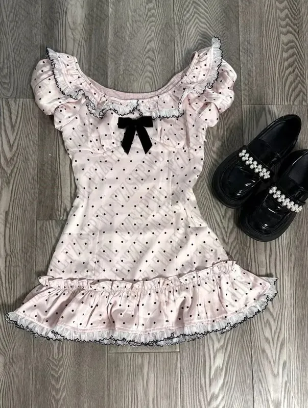 Maiden Soft Sweet Lovely Woman Bow Tops Vintage Cute Tee Y2K Polka point Slim Casual Shirts Korean Fashion Short Sleeve Clothing