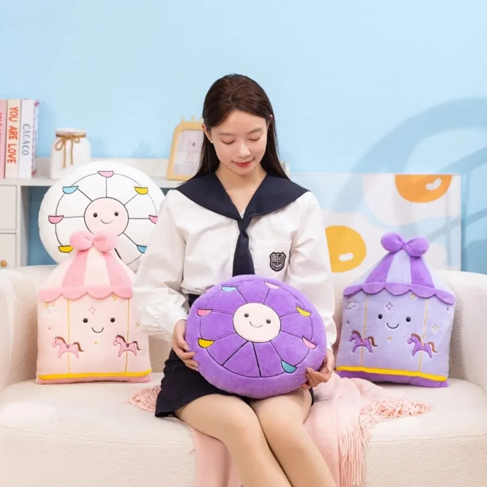 Cute Amusement Park Themed Plush Toy Fluffy Carousel Ferris Wheel Shaped Throw Pillow Sofa Cushion Home Decor