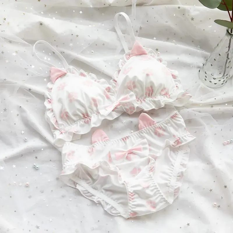 Conjunto de sujetador japonés suave para niña, lencería de mujer con diseño de pata de gatito, tela de seda de leche, copa triangular sin aros