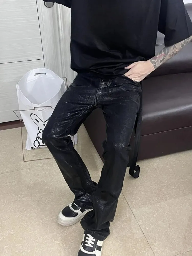 Mens Jeans Harajuku American High Street Streetwear Wax Coated Denim Pants Dark Style Micro Flared High Stretch Slim Fit Retro — image 2