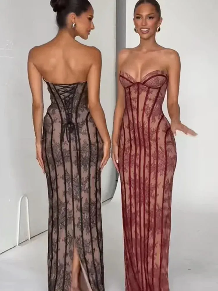 Women Strapless Tulle Fishbone Dress Backless Off Shoulder Printed Patchwork Slim Maxi Dresses 2026 Lady Chic Party Evening Gown — image 5