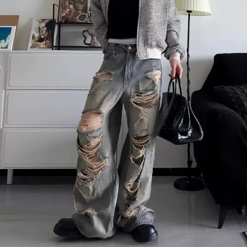 Men's Jeans Relaxed Fit Distressed Ripped Denim Pants Streetwear Summer Man Pants Washed Vintage Wide Leg Holes — image 2