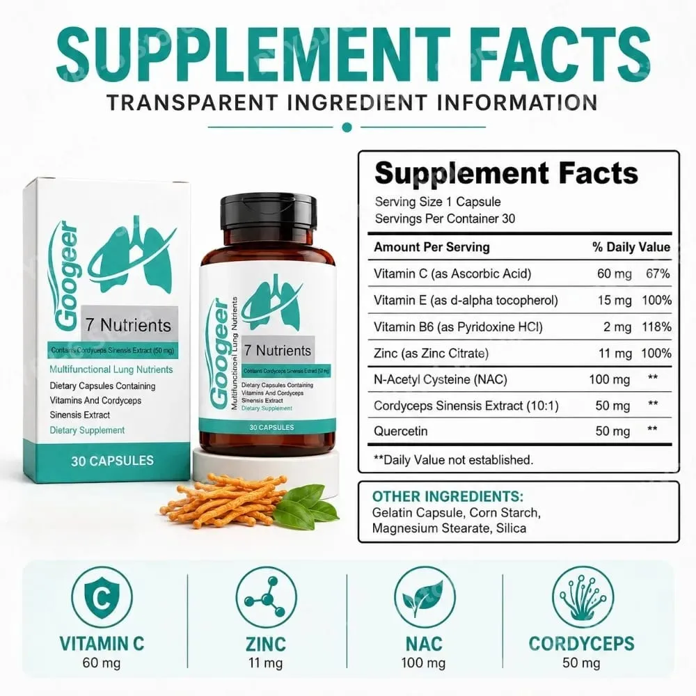 Googeer 7 Nutrients Lung Nutrition Capsules with Cordyceps Sinensis Extract &Vitamins Daily Respiratory Wellness Supplement 30Ct