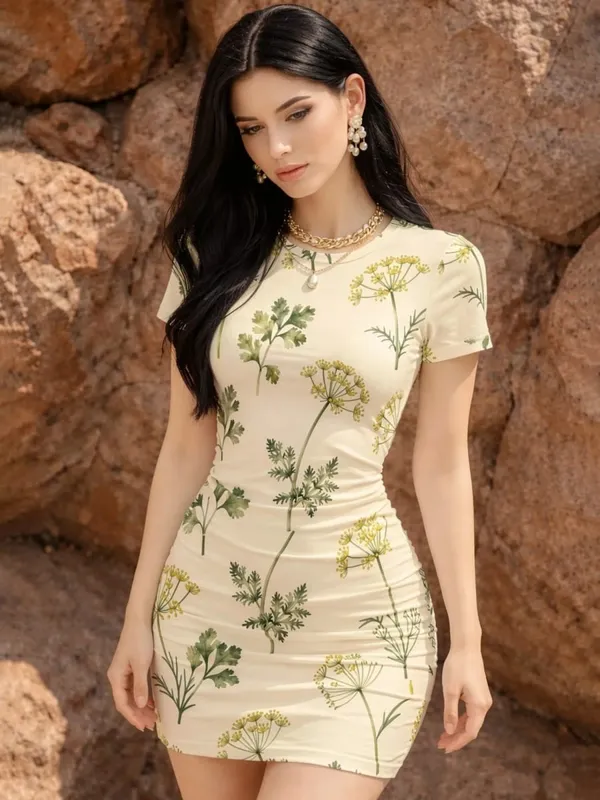 Womens Short Sleeve Bodycon Mini Dress Slim Fit Crew Neck Floral Print Casual Summer Party Fashion Lightweight Clubwear Sundress — image 9