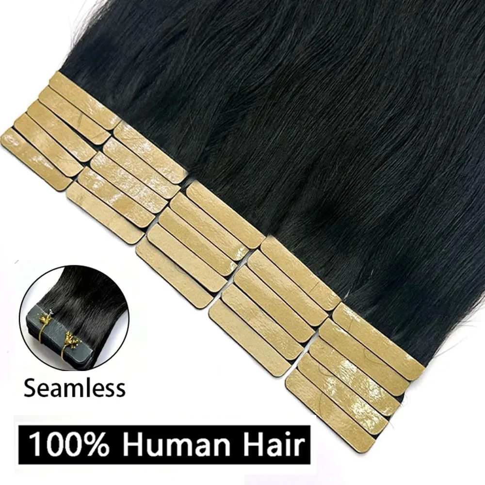 100% Human Hair Tape In Hair Extensions Straight 21pcs/pack Color Adhesive Replaceable Seamless Skin Weft brown Tape For Women — image 1