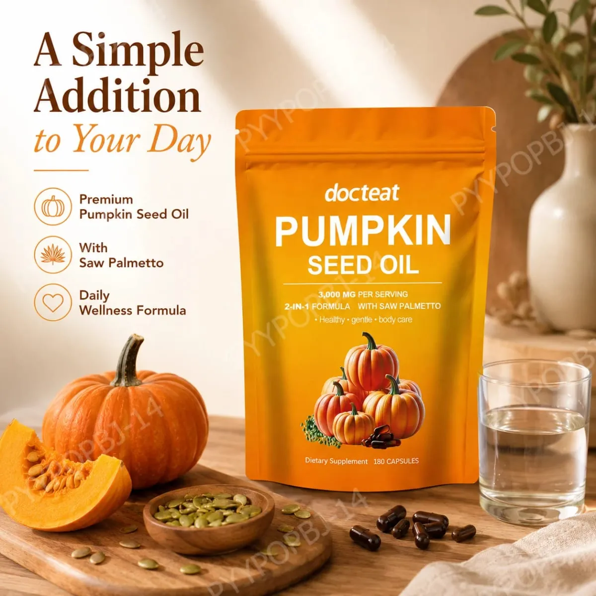 Docteat Pumpkin Seed Oil with Saw Palmetto Capsules 2-in-1 Formula for Prostate and Bladder Function Support 180 Capsules — image 2