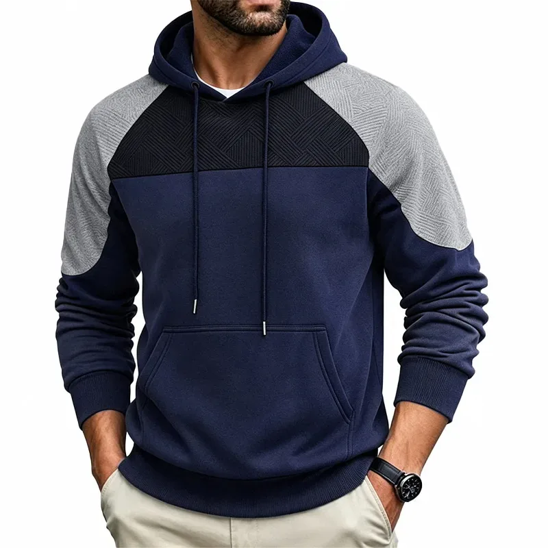 Men Patchwork Color Block Pullover Hoodie Drawstring Kangaroo Pocket Long Sleeve Loose Sweatshirt Autumn Winter Streetwear Tops