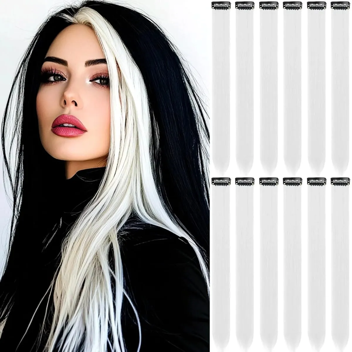 6/12 PCS White Hair Extensions Clip in Colored Party Highlights Extension Synthetic Hairpiece Straight 22 inch