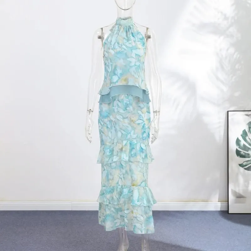 Hollow-out Halter Maxi Dresses Women Sleeveless Backless Waist-cinching Ruffles Dress 2026 New Ladies Summer Party Evening Robe