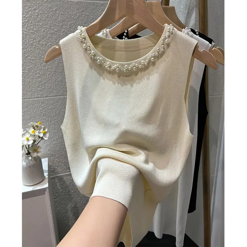 White Women Camisole 2026 New Summer Slim Thin Ice Silk Knit Vest Trendy Beaded Decor O-Neck Sleeveless Tank Top — image 12