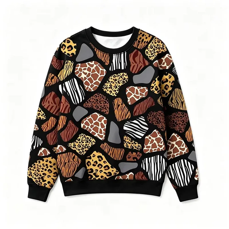 Animal Patchwork Pattern Sweatshirt Leopard Zebra Giraffe Full Print Streetwear Vintage Casual Crew Neck Pullover Fashion Tops
