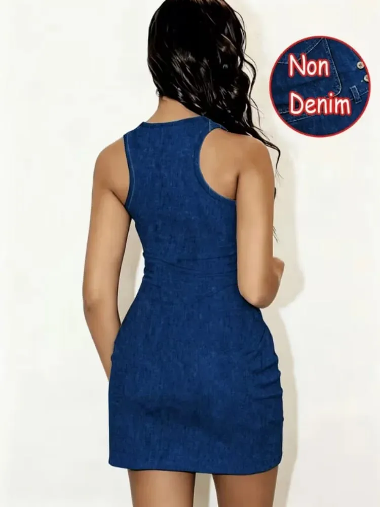 Women’s Spring and Summer Casual Home Wear Tailored Waistcoat with Sleep Dress Faux Denim cartoon Cat Print Sleeveless Sleep — image 3