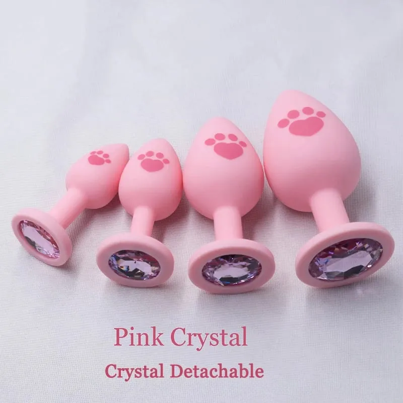 Pink Silicone Anal Plug for Woman 4 Sizes Cat Paw Pattern Smooth Surface Butt Plug Crystal Base Sex Toys For Woman Anal Dildo — image 3
