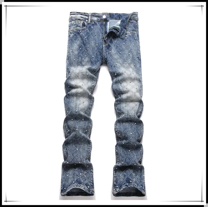 Men's Y2K Hip-hop Jeans American Retro Washed Blue Denim Pants Diamond Pattern Rivets Streetwear Slim Fit Party Male Trousers — image 7