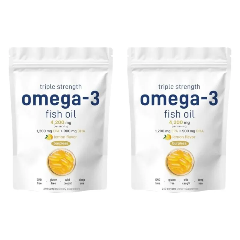 Triple Strength Omega 3 Fish Oil Supplements 4200mg Lemon Flavored Burpless EPA 1200mg DHA 900mg 240 Softgels