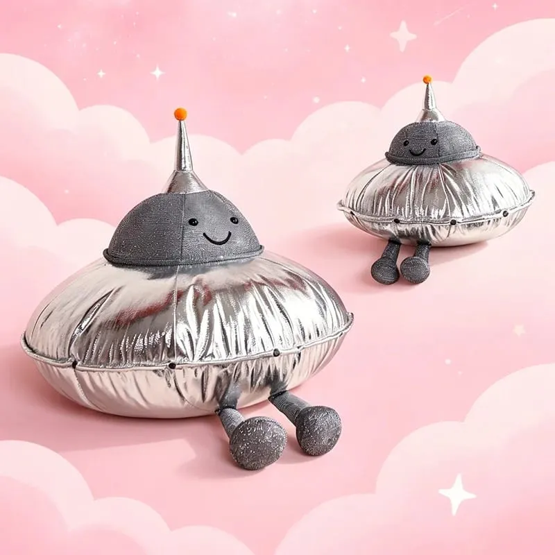 Cute UFO Plush Pillow Silver Metallic Flying‑Saucer Stuffed Toy Soft Alien Spaceship Plush Cushion Space‑themed Home Decor Gift
