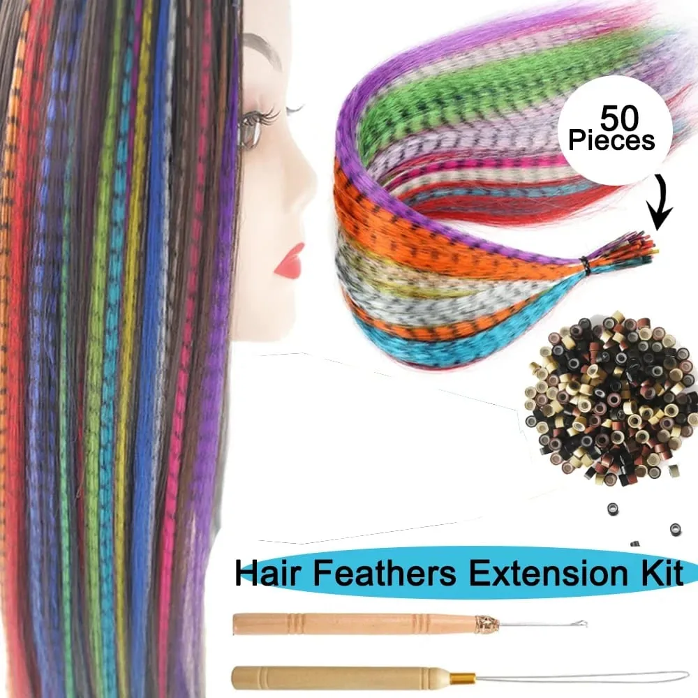 50 Pcs Hair Feathers with Hair Extension Tools Long Straight Synthetic Hair Feather Extensions Kit with Beads for Women Girls — image 11