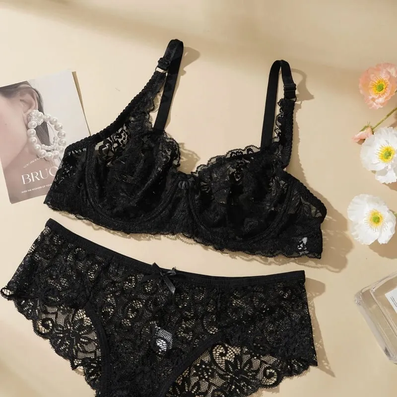 Sexy Lace Bra Set Women Push Up Non-pad Breathable Underwire Thin Solid Panties Underwear Exquisite Lingerie Daily — image 1