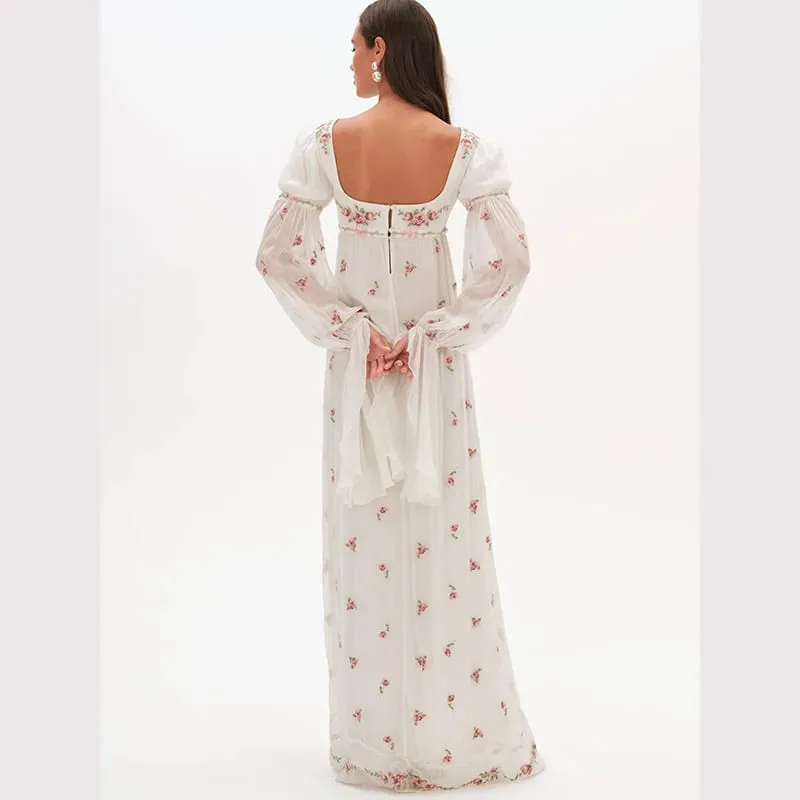 Cottagecore Floral Maxi Dress Women's Square Neck Long Puff Sleeve Empire Waist Chiffon Flowy Vintage Boho Wedding Guest Dress — image 5