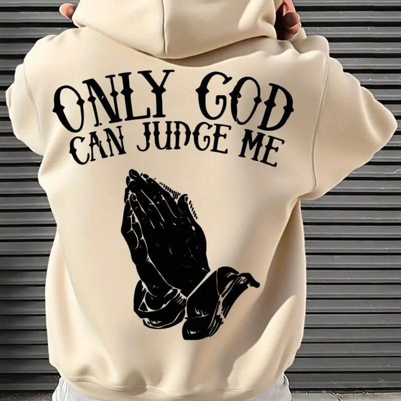 Men's "Only God Can Judge Me" Hoodie Streetwear with Praying Hands Graphic Inspirational Pullover for Casual Wear Style — image 5