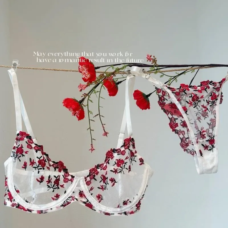 New Women Sexy Mesh Bras Suit Sweet Female French Floral Embroidery Underwear Sets Transparent Mesh Bra Panties 2Piece Lingerie — image 4