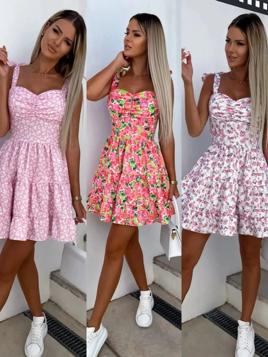 Summer Fashion Flower Print Waist Pleated Dress For Women Y2k Casual Vacation Beach Sundress Spaghetti Strap Mini Dress Female — image 1