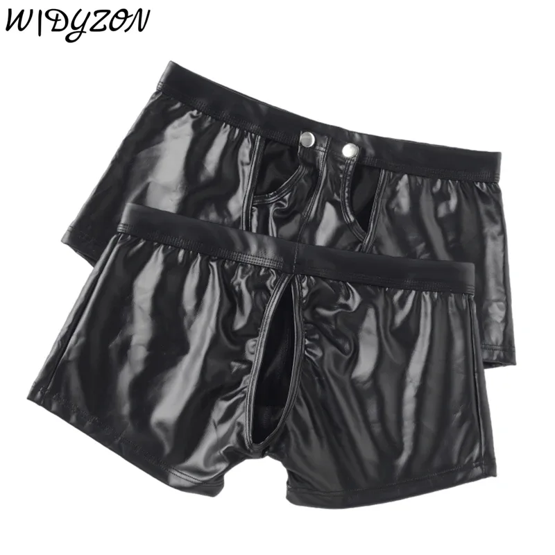 Men's Panties Male Openable Button Underpants Man Sexy Faux Leather Boxers Underwear Hombre Boxershorts Mens Back Hole Boxers — image 1
