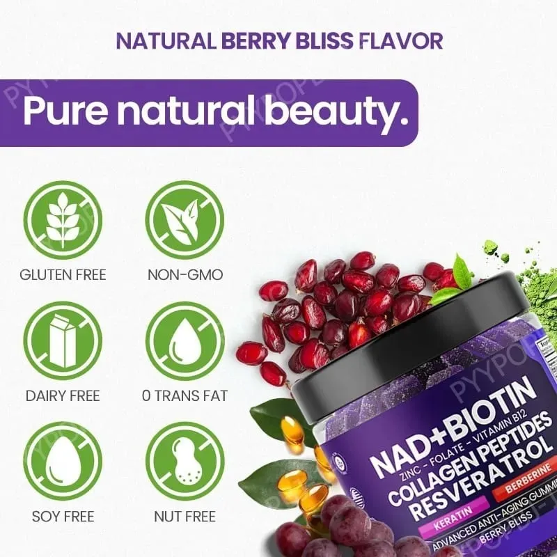 Biotin Collagen Gummies with NAD+ Resveratrol Vitamin D3 K2 Zinc Daily Beauty Wellness Supplement 60 Count Berry Flavor — image 6