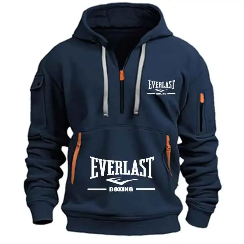 Men's Fashion Casual Hoodie Multi-pocket Sports Long-sleeve Sweatshirt Up Down Print Warm Half Zip Hooded Fitness Pullover Good — image 2