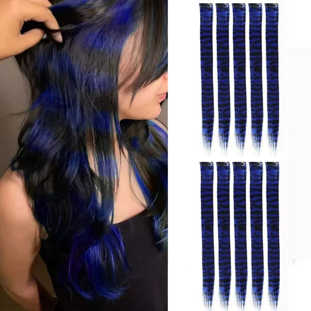 10pcs/set Stripe Printed Hair Colorful Long Straight Hair Pieces Synthetic Clip-in Hair Extensions for Daily Use Party Christmas — image 16
