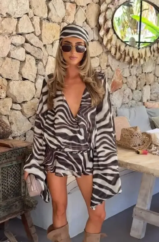 Women Zebra Print Mini Dress Deep V Wrap Front Flare Long Sleeve Smocked Waist Ruffle Hem Short Dress Club Beach Party Dress