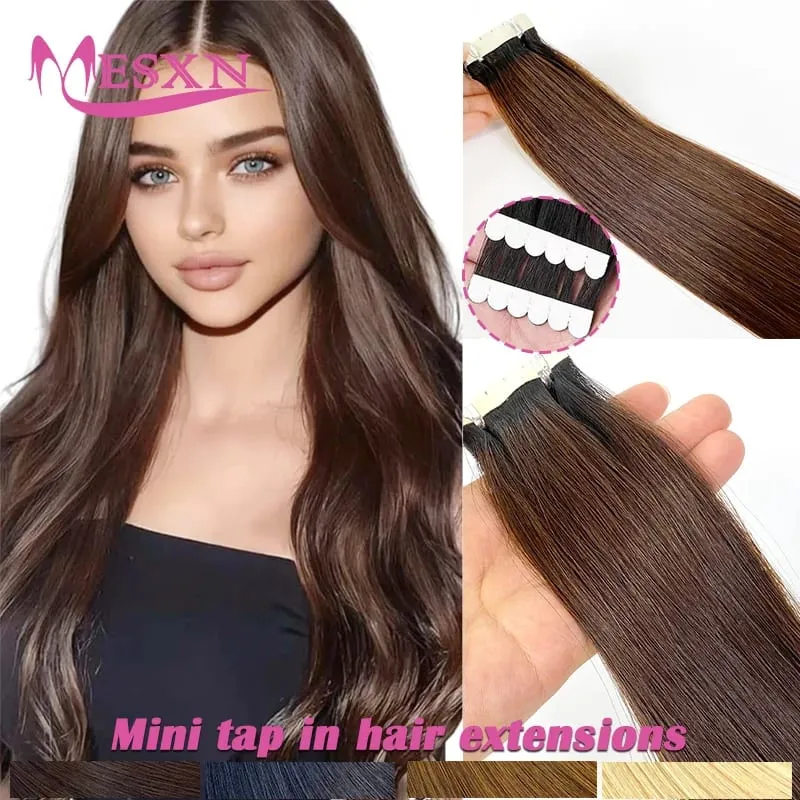 Mini Tape In Human Hair Extensions Real Natural Hair Extension Straight 16"-26" Black Brown Blonde Invisible Tape In For Salon — image 2