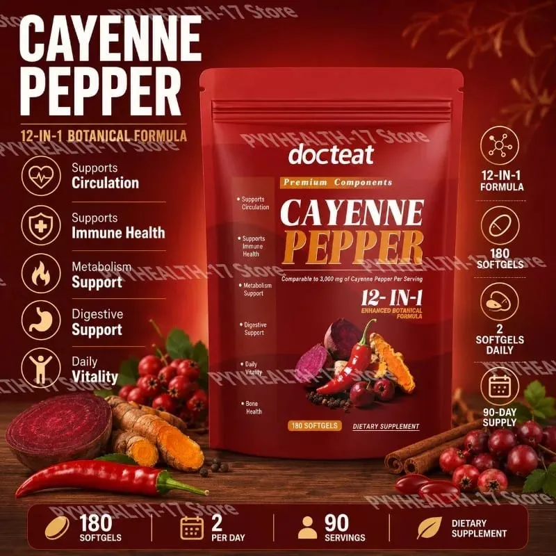Cayenne Pepper Softgels with 12-in-1 Enhanced Botanical Formula for Antioxidant and Vascular Health Support 180 Softgels — image 1